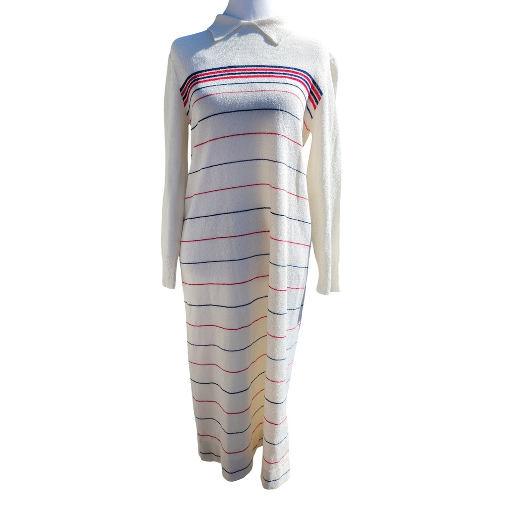 Vintage Dalton Striped Knit Maxi Dress Cream Red Navy Blue Collared Long Sleeve